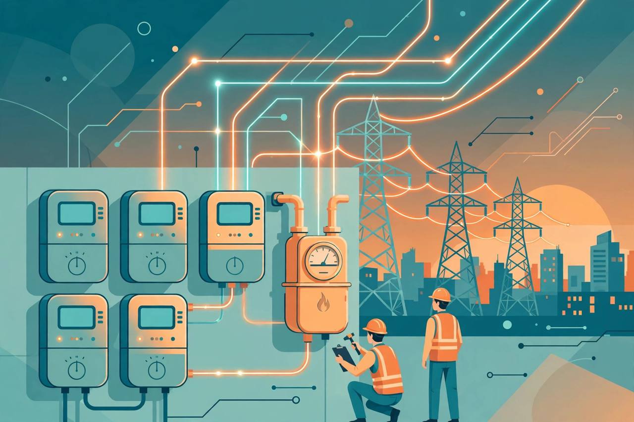 Smart electricity meters and a smart gas meter linked to transmission towers and a city skyline, with workers checking a meter, in a flat editorial illustration. (Editorial illustration)