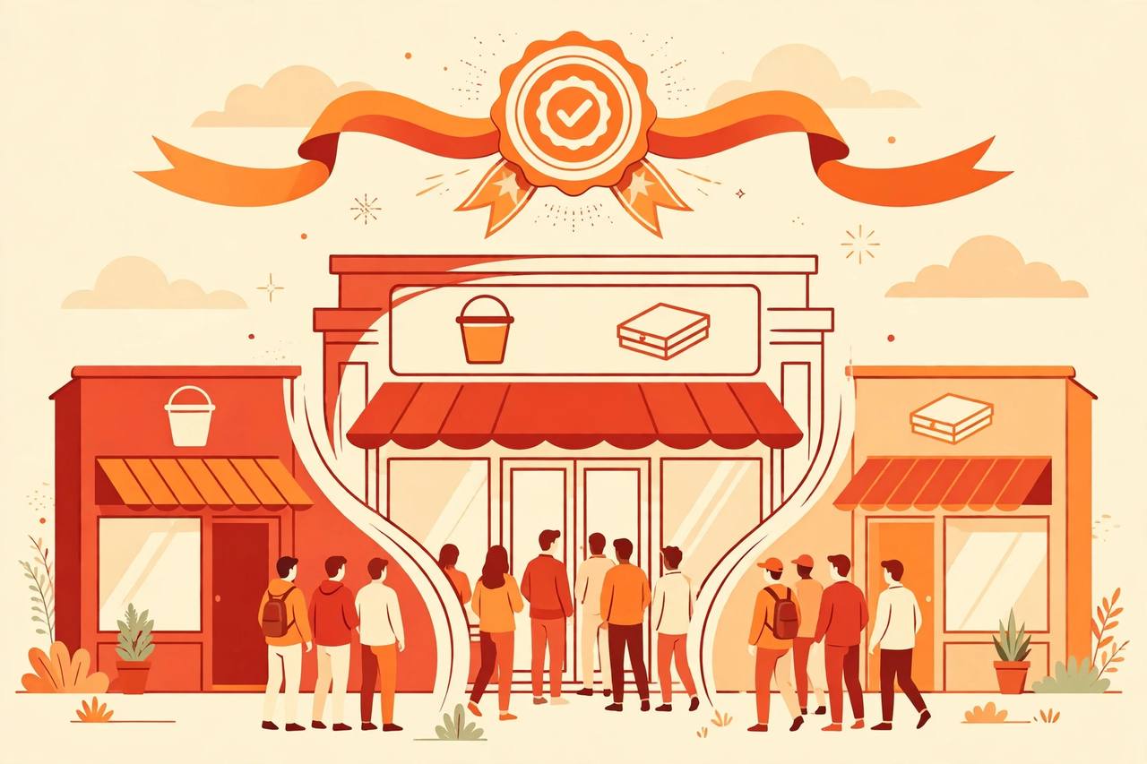 Editorial illustration of two stylised quick-service restaurant storefronts merging into one larger storefront, with simple chicken-bucket and pizza-box shapes, an official approval seal in the sky and generic customers queuing