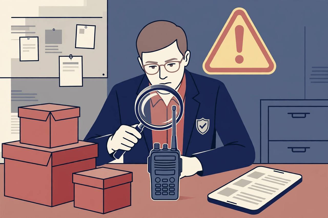 Editorial illustration of a generic consumer-protection inspector examining a walkie-talkie with a magnifying glass beside online shopping boxes