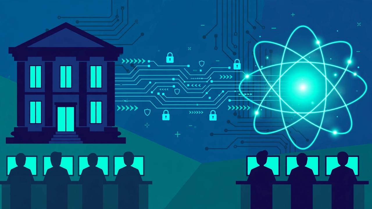 Editorial illustration of a bank building linked by secure circuits and locks to a glowing quantum atom, with generic silhouetted staff at terminals, flat style, no real person depicted