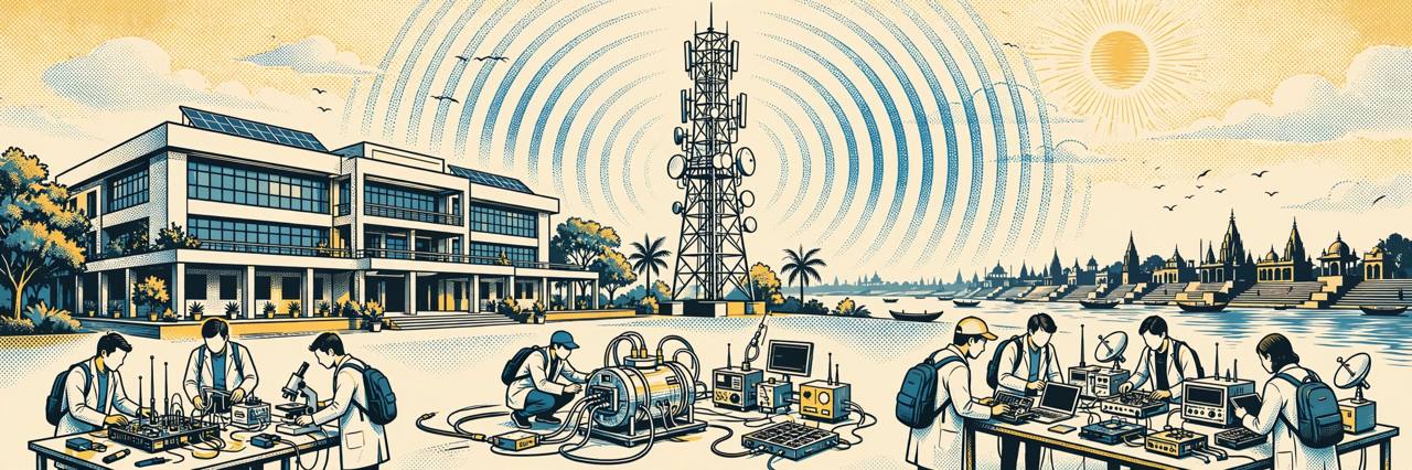 Editorial illustration of a university telecom research centre with 5G and 6G towers and researchers