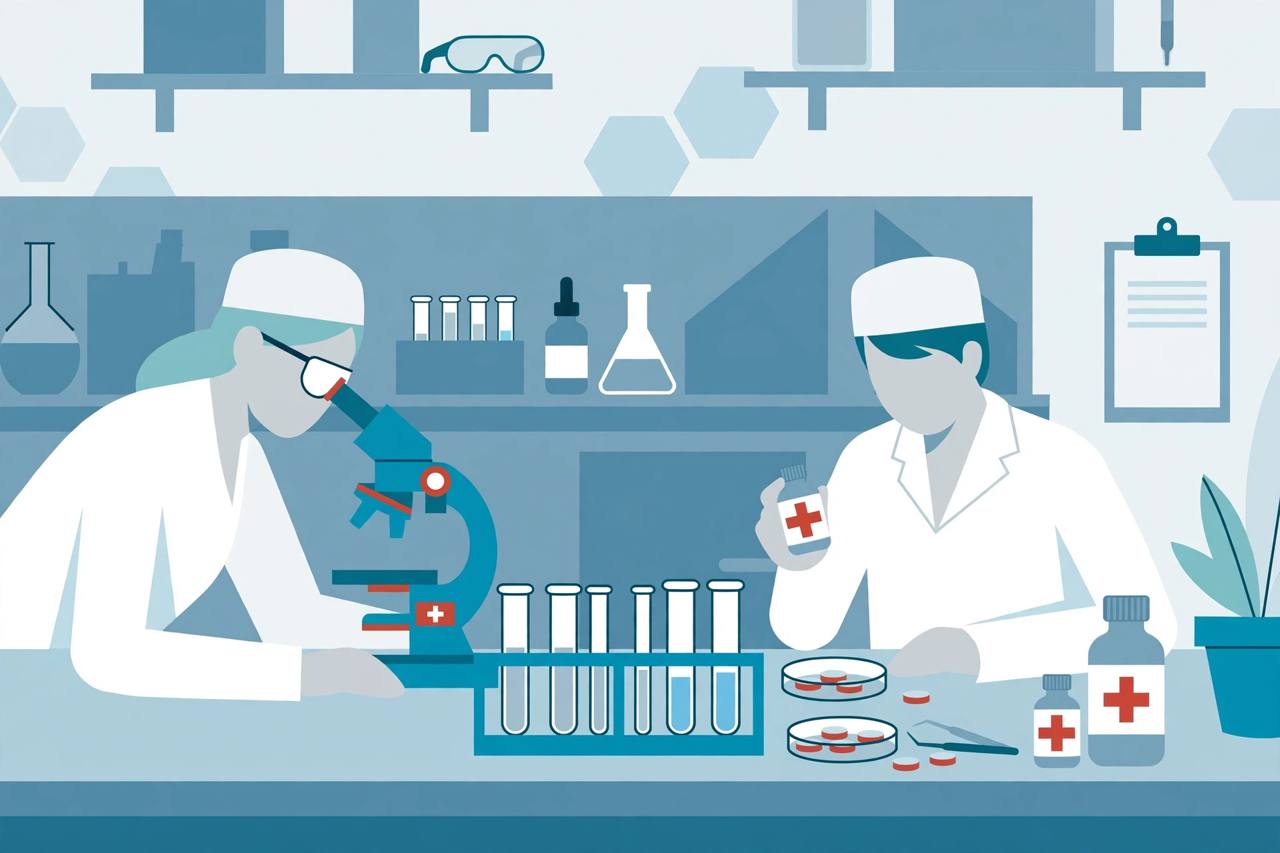 Editorial illustration of generic laboratory scientists testing medicine bottles and tablets with a microscope and test tubes, flat style