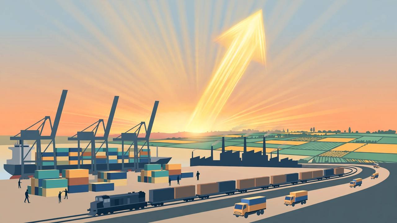 Editorial illustration of an Indian export port at sunrise with container ships, cranes, a freight train, trucks, factory silhouettes and farmland, with a large glowing arrow rising over the horizon
