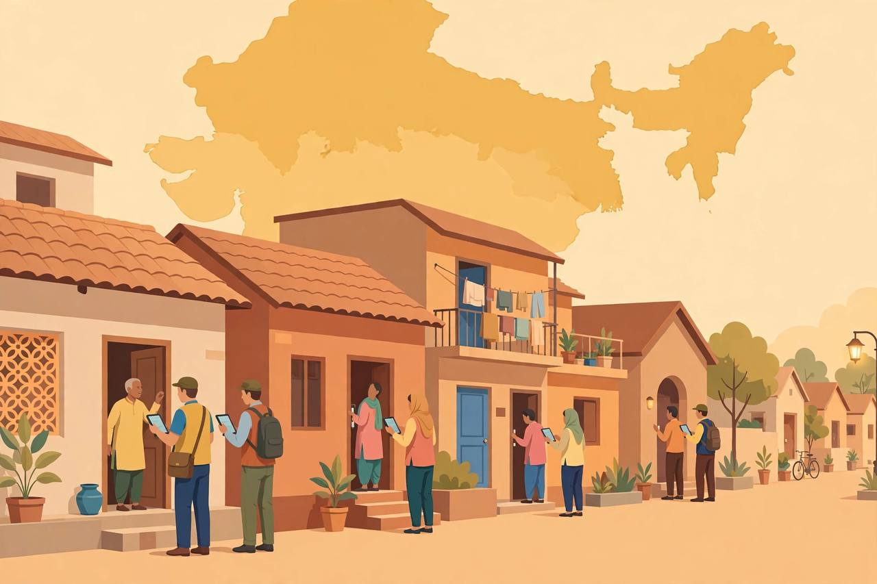 Editorial illustration of census enumerators with tablets visiting homes in an Indian neighbourhood under a map of India