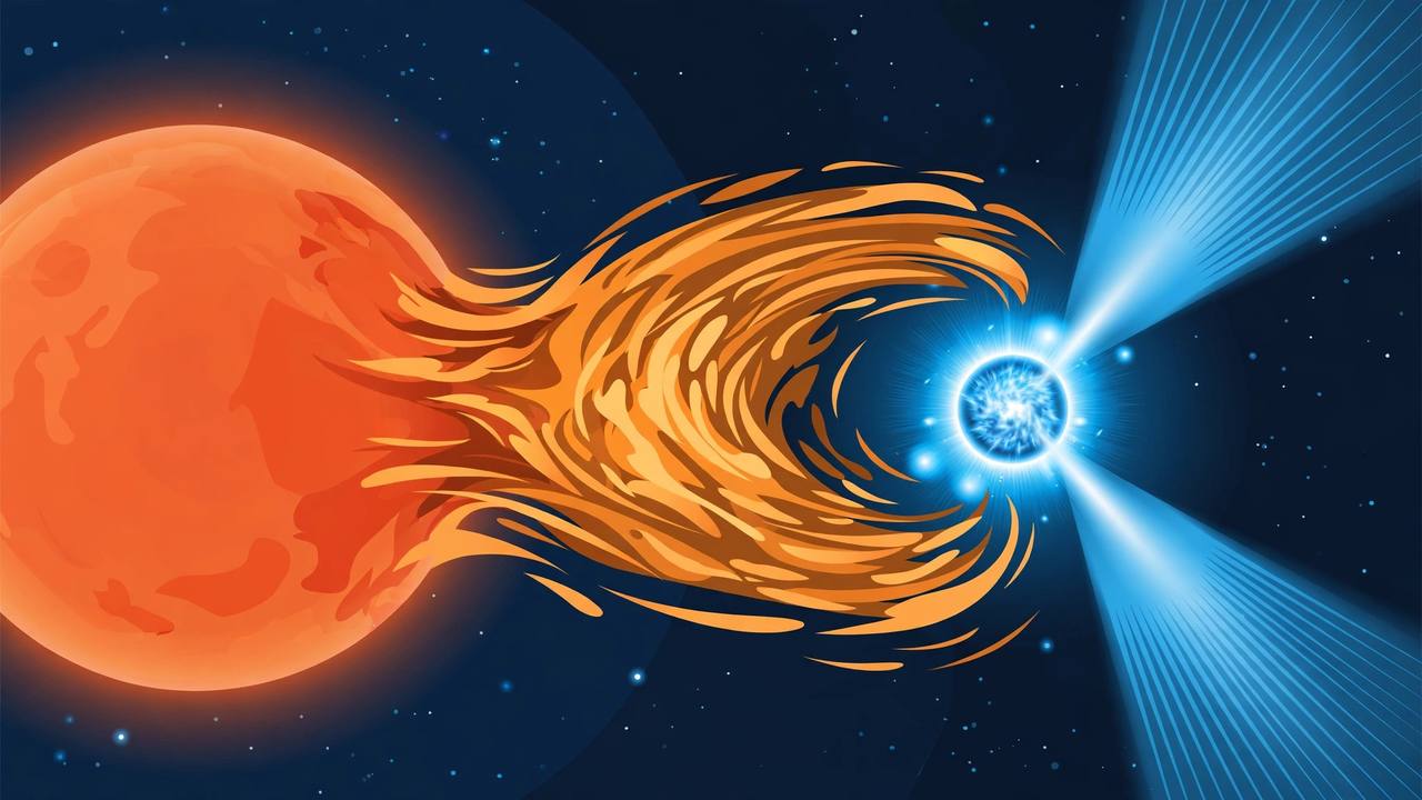 Editorial illustration of a neutron star pulling a swirling accretion disk of material from a giant companion star, with X-ray beams from its poles