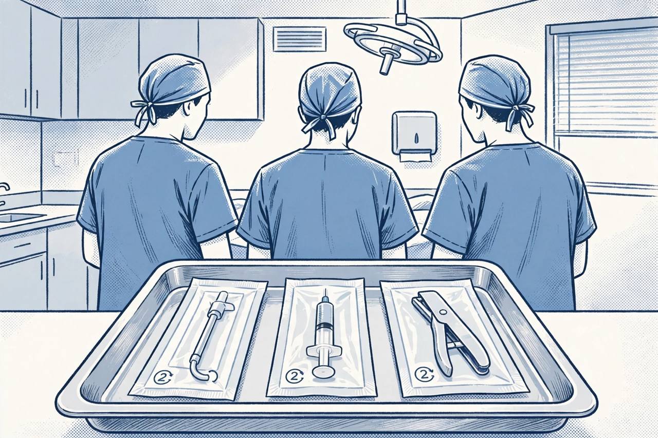 Editorial illustration of a hospital procedure room with sealed single-use medical devices on a tray and generic staff in scrubs; no real person depicted