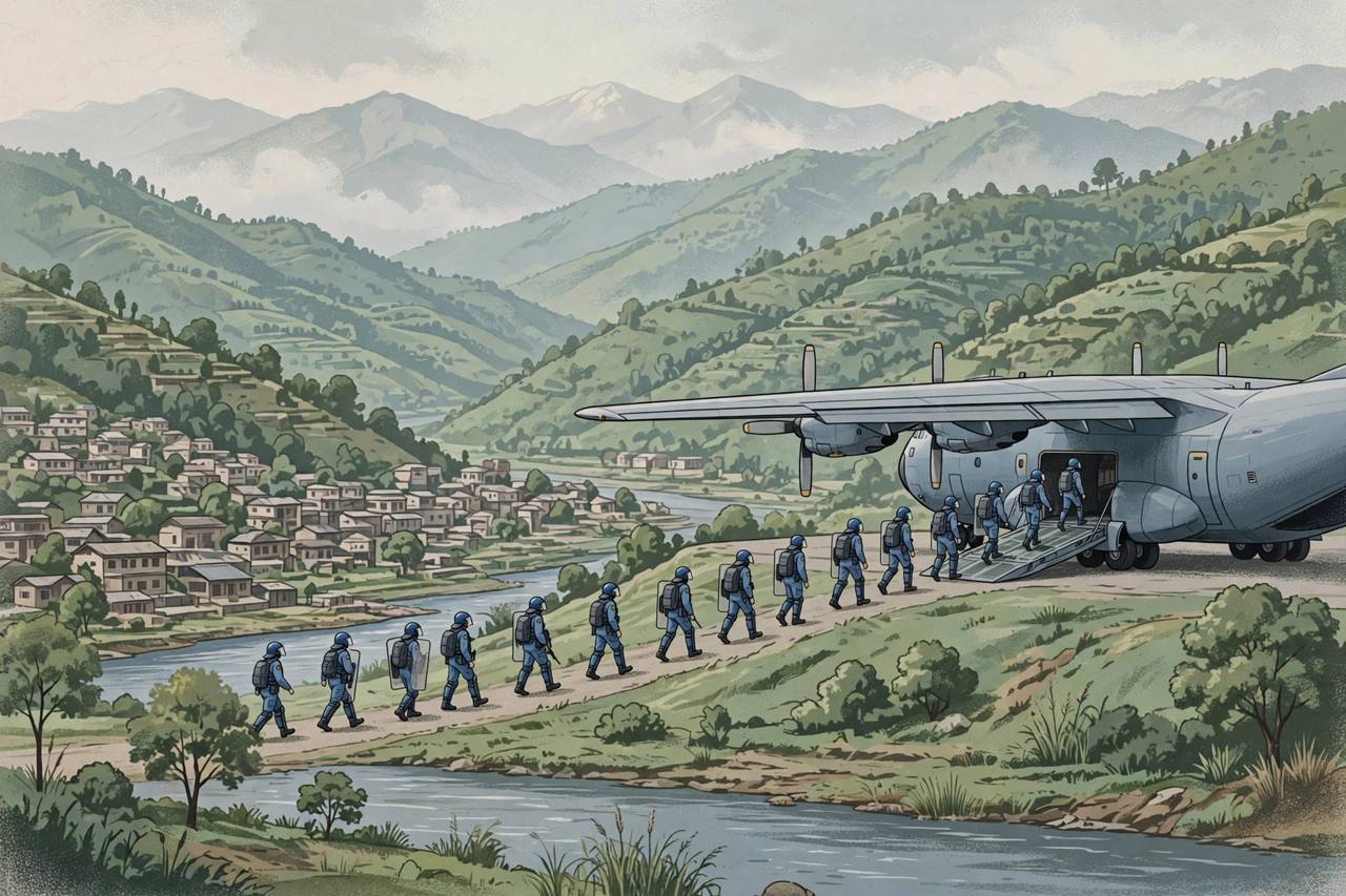 Editorial illustration of generic blue-uniformed security personnel arriving from a transport aircraft in a Himalayan foothill town by a river