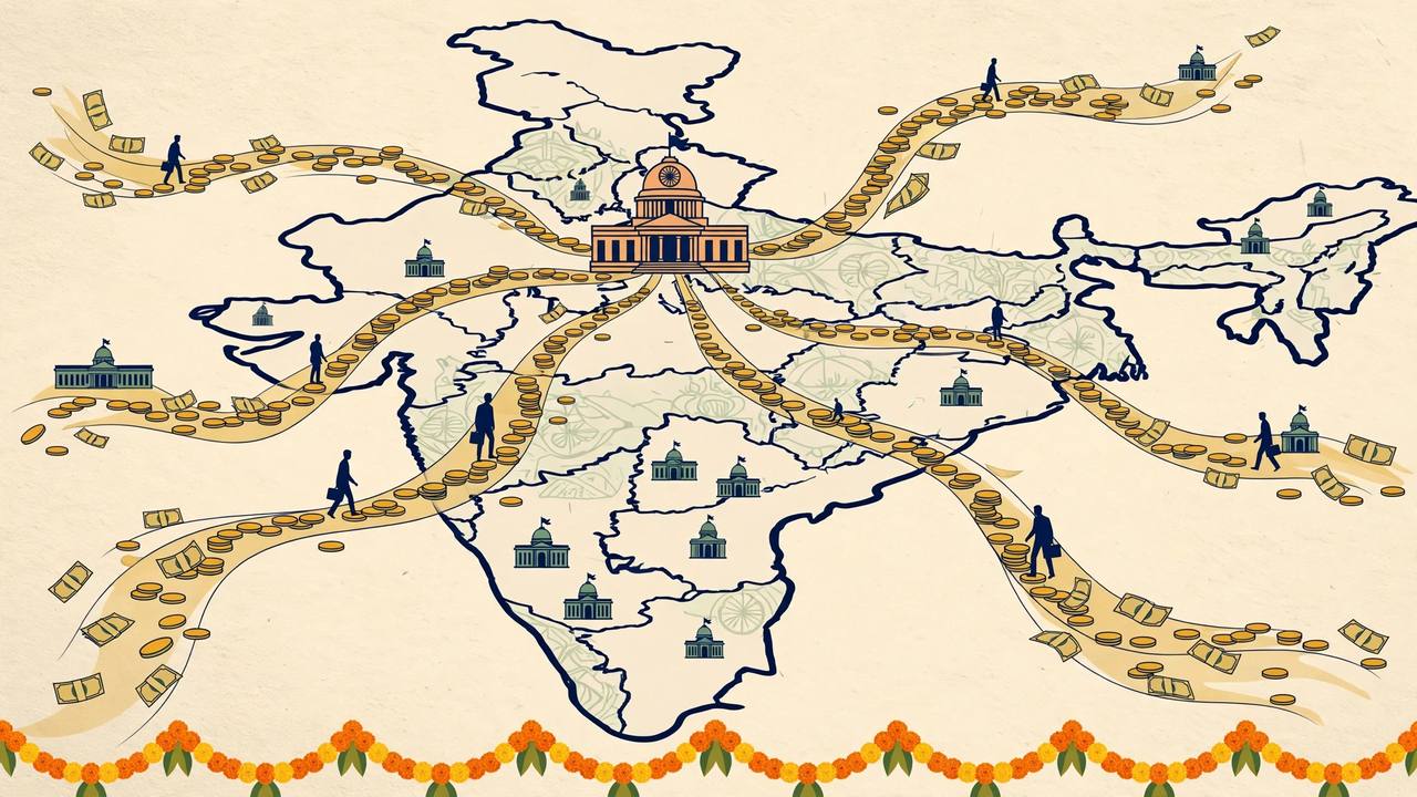 Editorial illustration of streams of gold coins and currency notes flowing from a central government building in New Delhi across a stylised map of India to small state capital buildings, with marigold garlands along the bottom