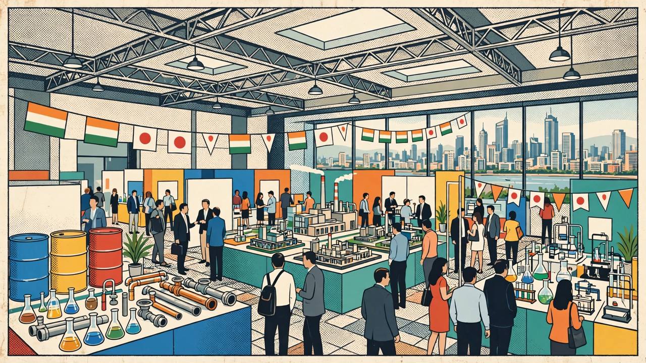 Editorial illustration of a modern exhibition hall in Mumbai with generic visitors, chemical drums, laboratory flasks and factory models at stalls