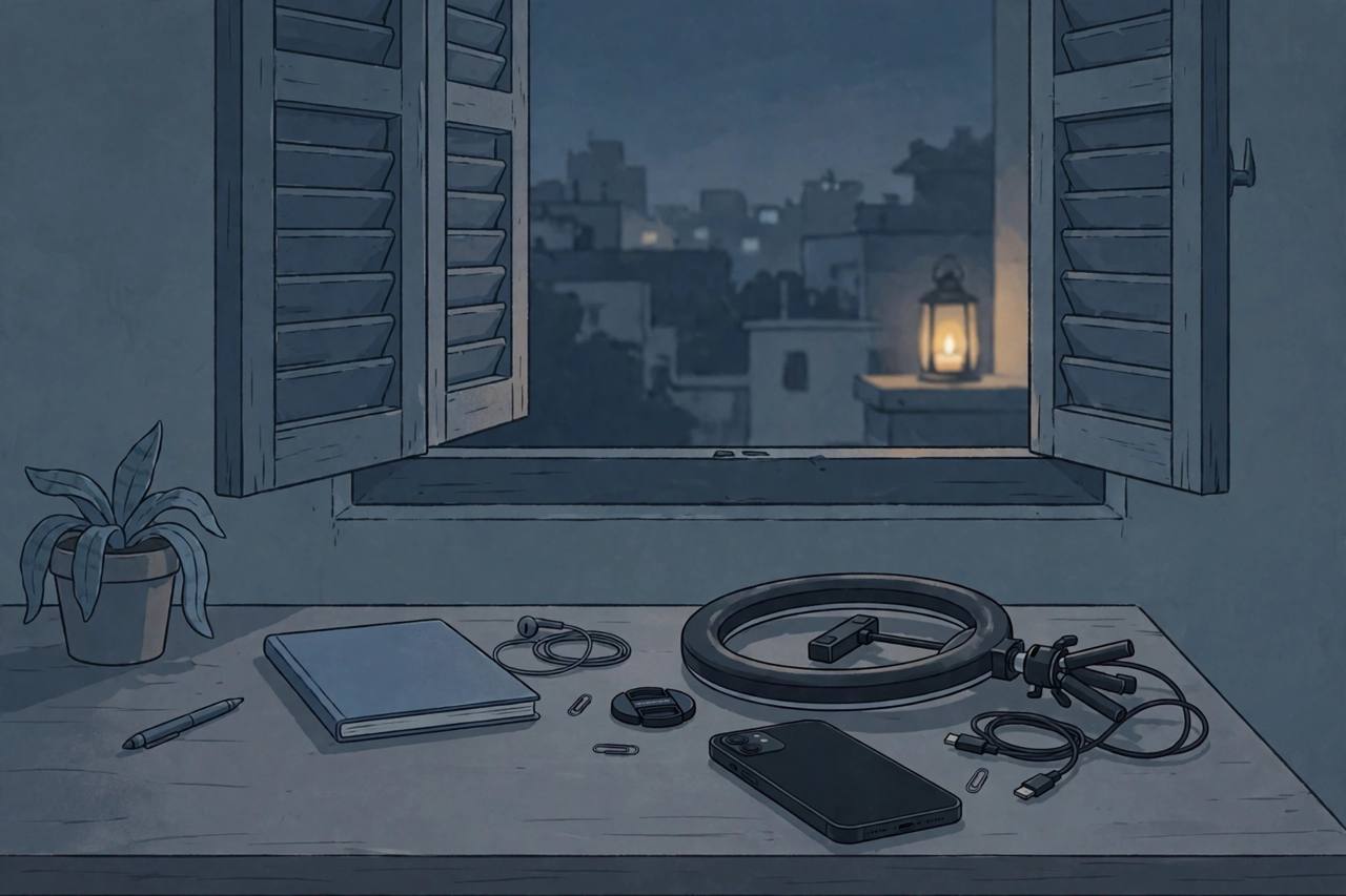 Editorial illustration of an empty creator's desk at dusk in Chennai, with a phone face down and a switched-off ring light