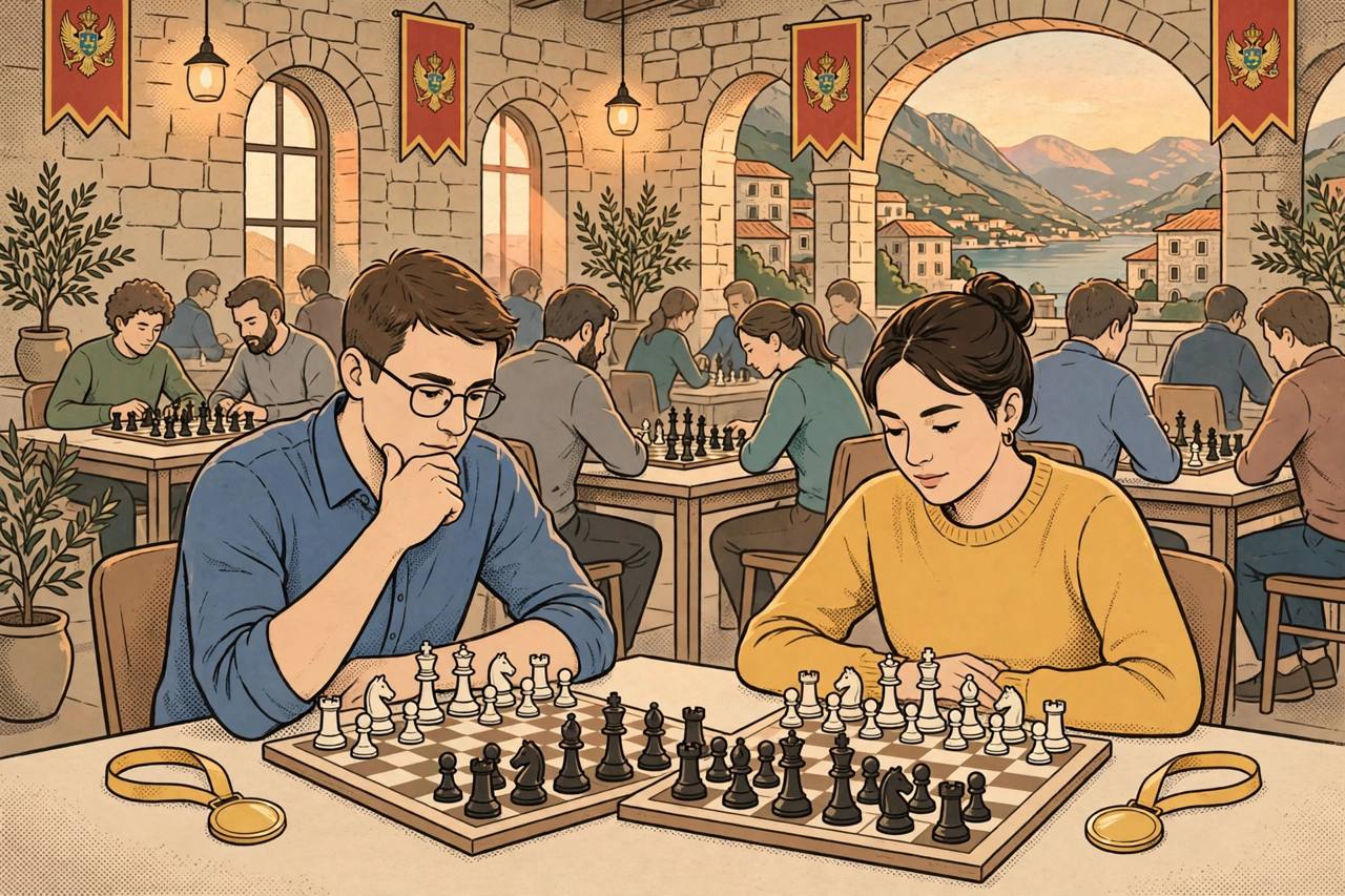 Editorial illustration of generic chess players at boards in a tournament hall with gold medals beside them, flat style