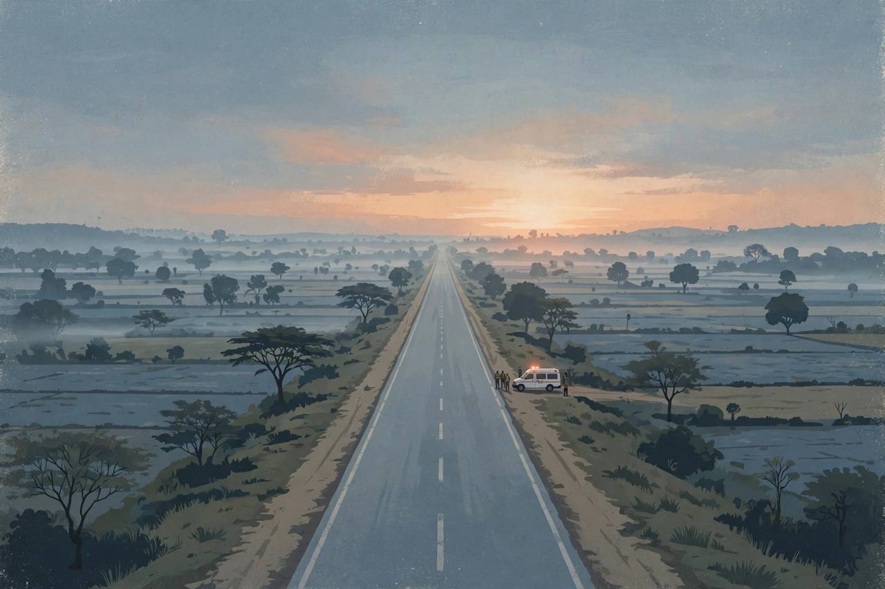 Editorial illustration of a quiet national highway at dawn with a distant ambulance, no wreckage shown