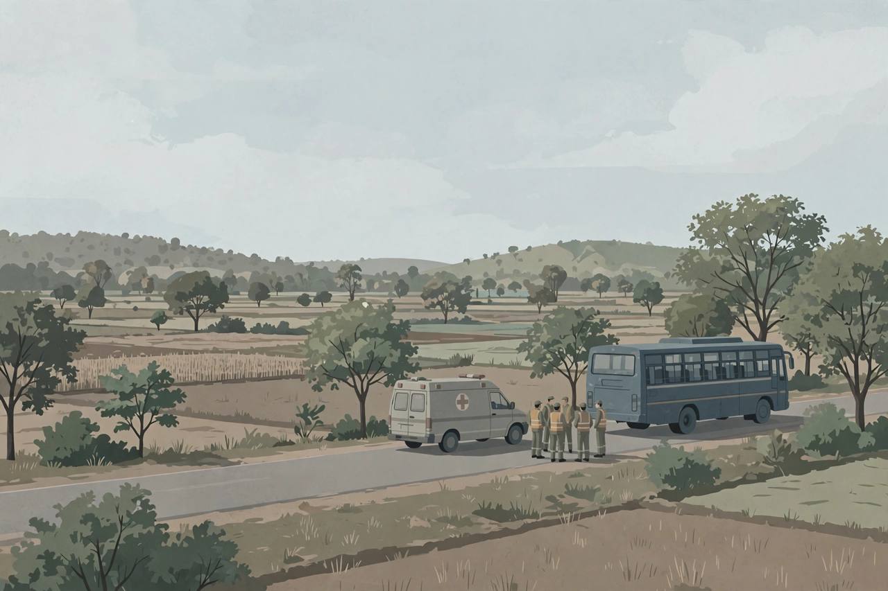 Editorial illustration of a bus stopped on a rural road with an ambulance and rescue workers nearby