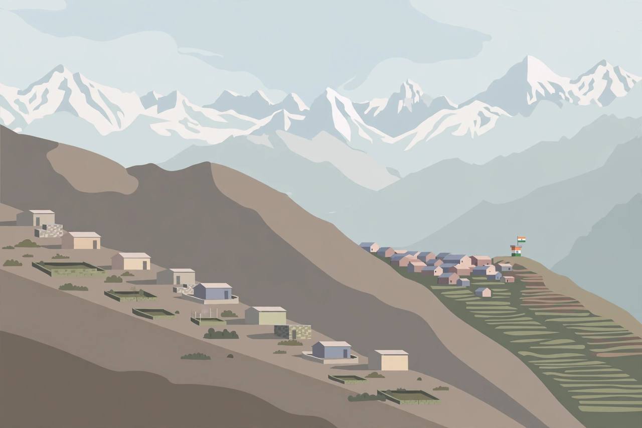 Editorial illustration of Himalayan border villages on a ridge near the Line of Actual Control; no real person depicted