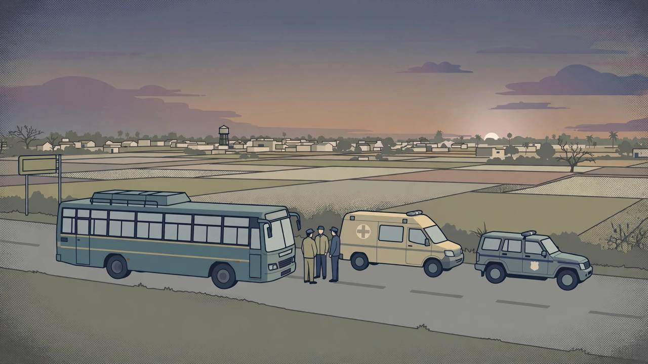 Editorial illustration of a bus stopped on a highway at dusk with an ambulance and police vehicle nearby