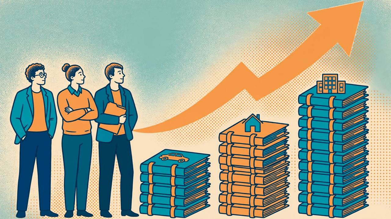Editorial illustration of generic finance workers beside a rising bar chart built from vehicle-loan, home-loan and property-loan folders with a large upward arrow, no real person's likeness