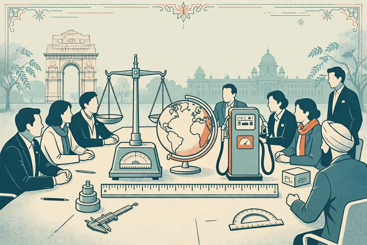 International delegates around a conference table with a precision weighing scale, ruler, fuel dispenser and globe (Editorial illustration)