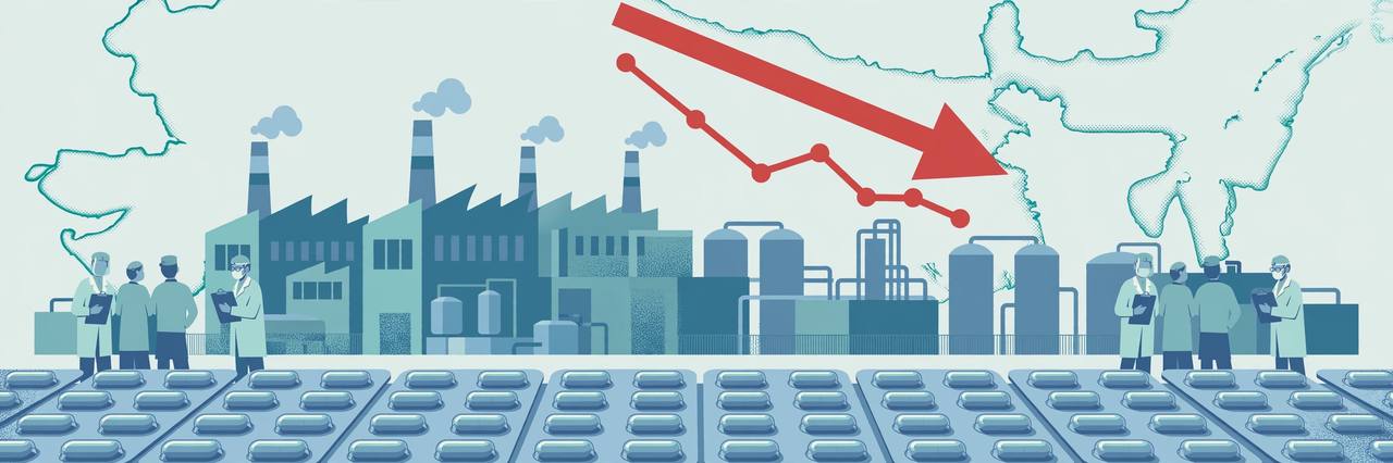 Editorial illustration of a pharmaceutical factory, medicine packs and a downward chart