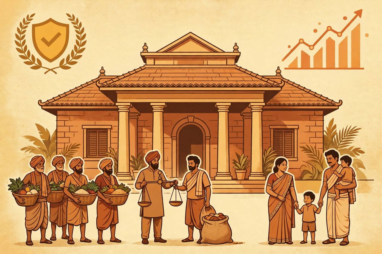 Editorial illustration of a South Indian bank building with farmers, traders and families and a rising growth chart