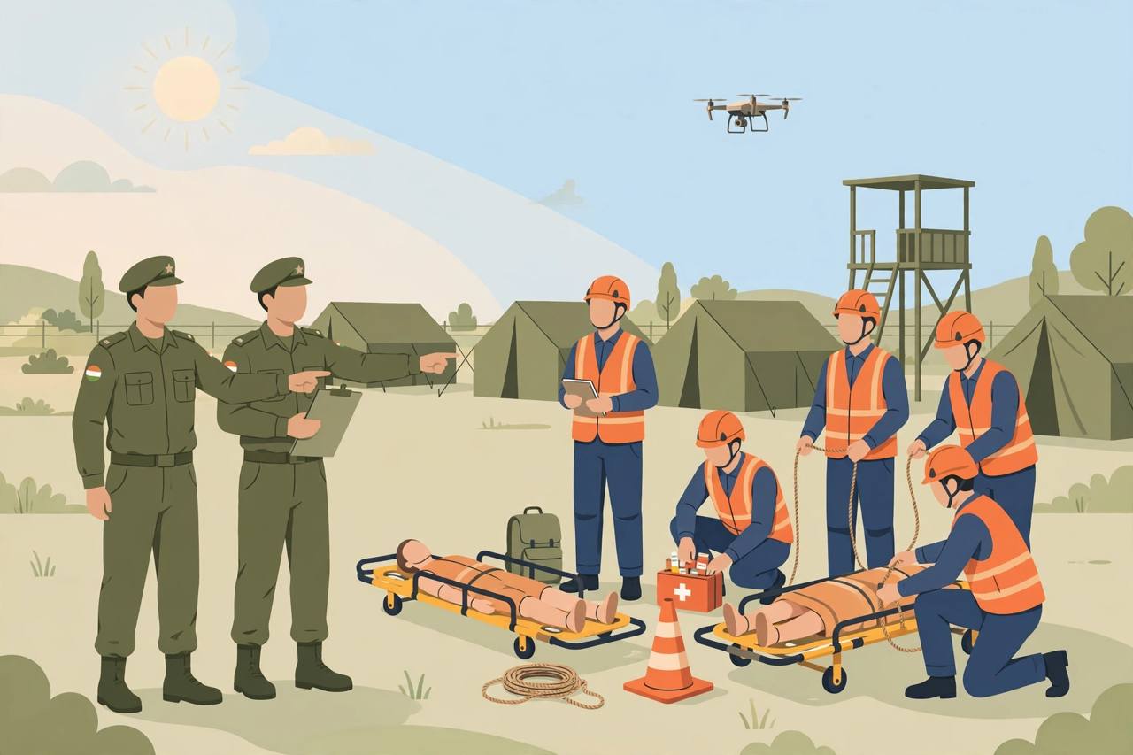 Editorial illustration of Army trainers instructing Civil Defence volunteers in orange vests at a training ground
