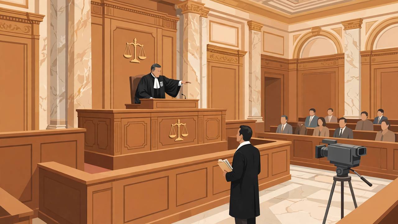 Editorial illustration of a chief justice at a high court bench firmly addressing a lawyer holding a file, with a crossed-out live-stream camera at the side