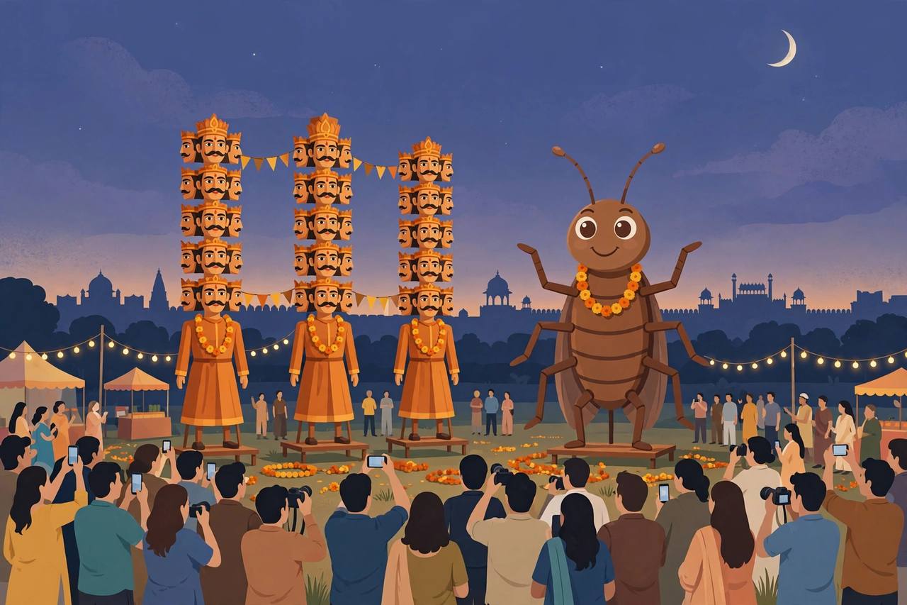 Editorial illustration of a Delhi Dussehra ground with Ravana effigies and a giant cockroach effigy beside them, with a generic crowd