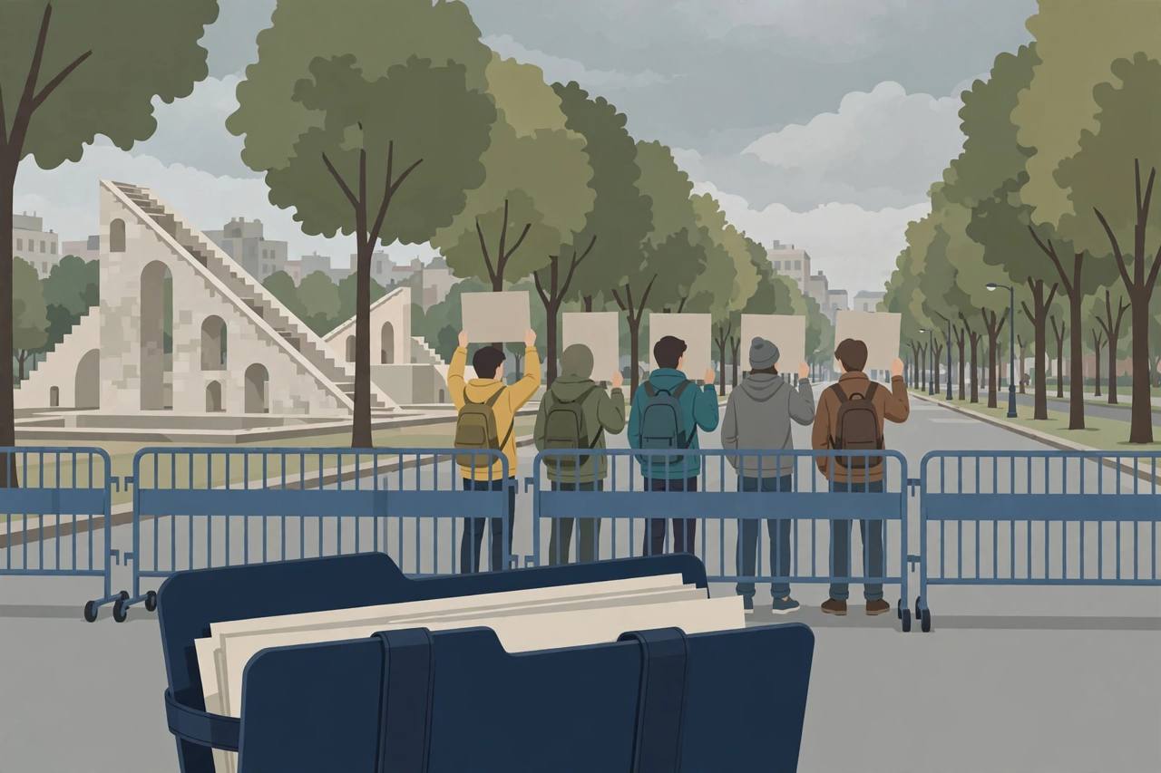 Editorial illustration of generic young protesters with blank placards behind a police barricade on a tree-lined Delhi protest avenue, with an investigation file in the foreground