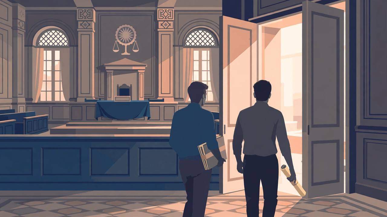 Editorial illustration of two men leaving a high court courtroom with legal papers after withdrawing a petition