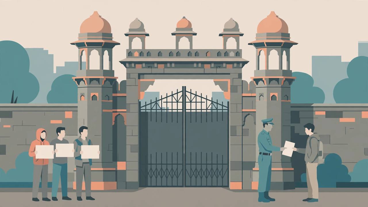 Editorial illustration of a closed historic protest-ground gate in New Delhi, generic protesters with blank placards and a police officer handing a blank notice to a generic young man — flat style, no text, no real person's face