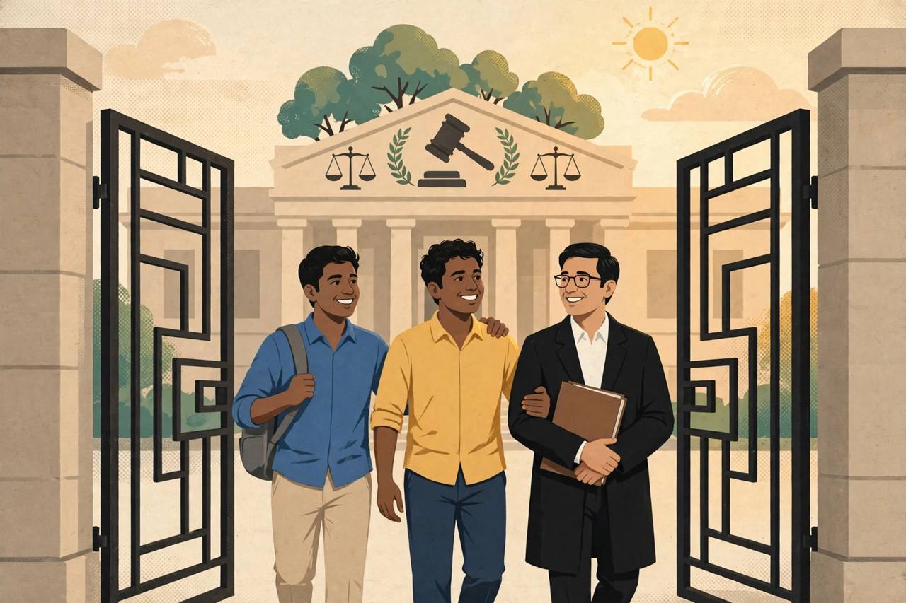 Editorial illustration of two generic young men walking out of a courthouse gate with their lawyer holding a case file