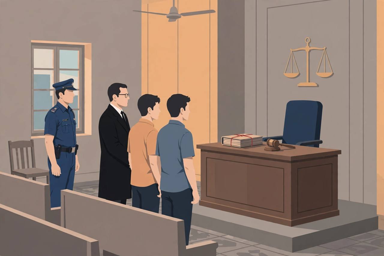 Editorial illustration of two generic young men and their lawyer standing before a magistrate's desk with a case file and gavel, a police officer nearby