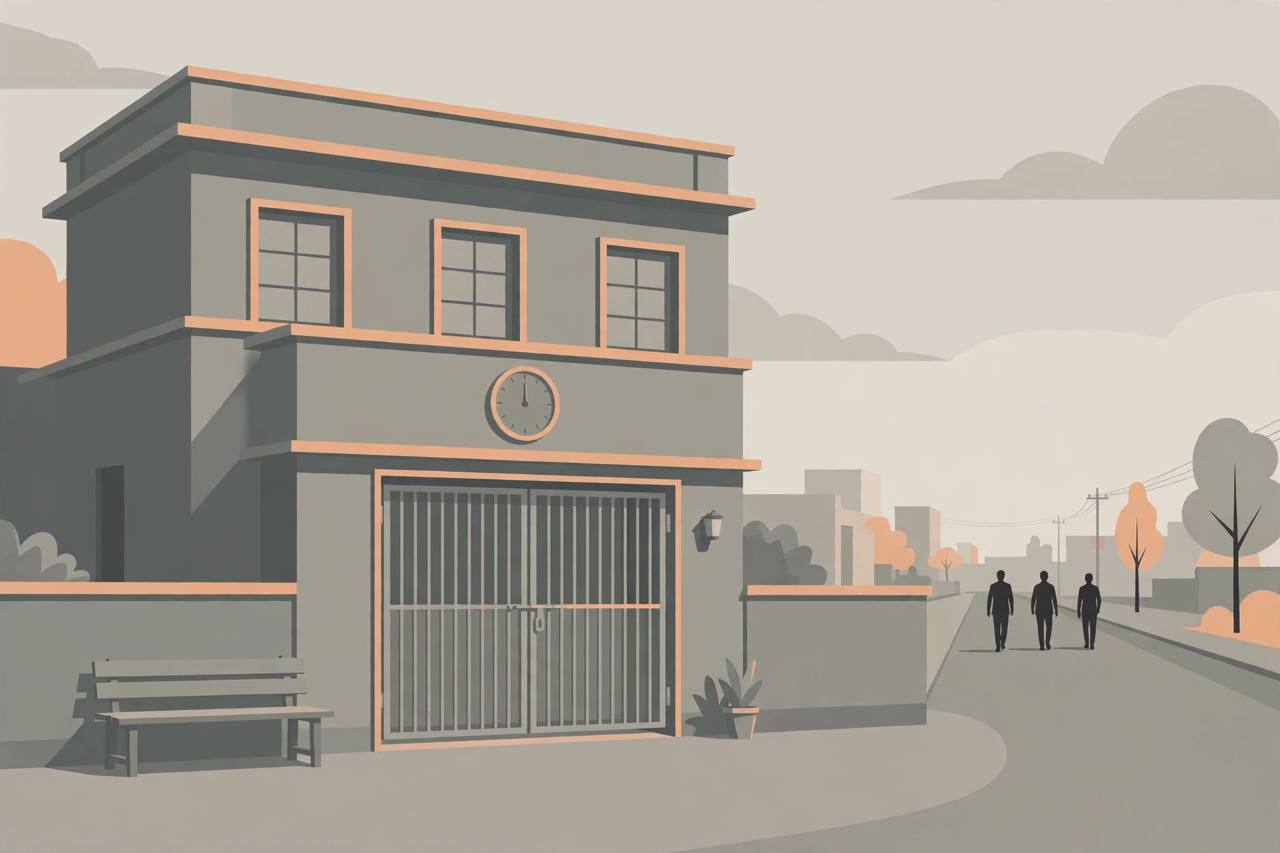 Editorial illustration of a generic police office building with a closed gate, an empty bench and a wall clock at noon — flat style, no text, no real person's face