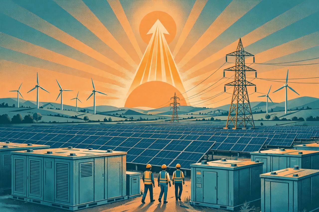 Editorial illustration of solar panel fields, wind turbines, a transmission tower and battery storage containers in India at sunrise