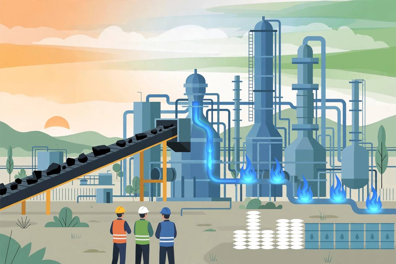 Editorial illustration of a coal gasification plant converting coal into gas, fertiliser bags and methanol drums, with generic workers in hard hats