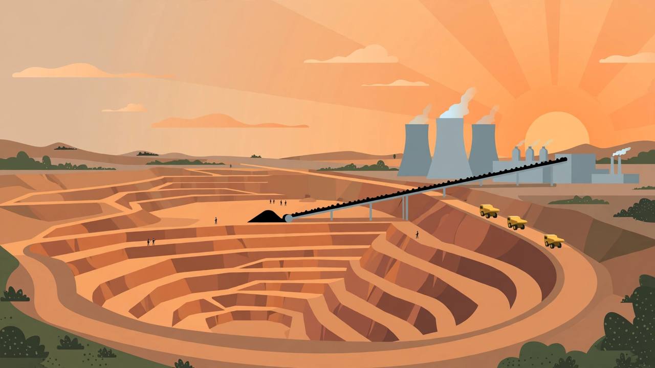 Editorial illustration of a terraced open-cast coal mine at dawn with haul trucks, a conveyor belt and a power plant with cooling towers in the background