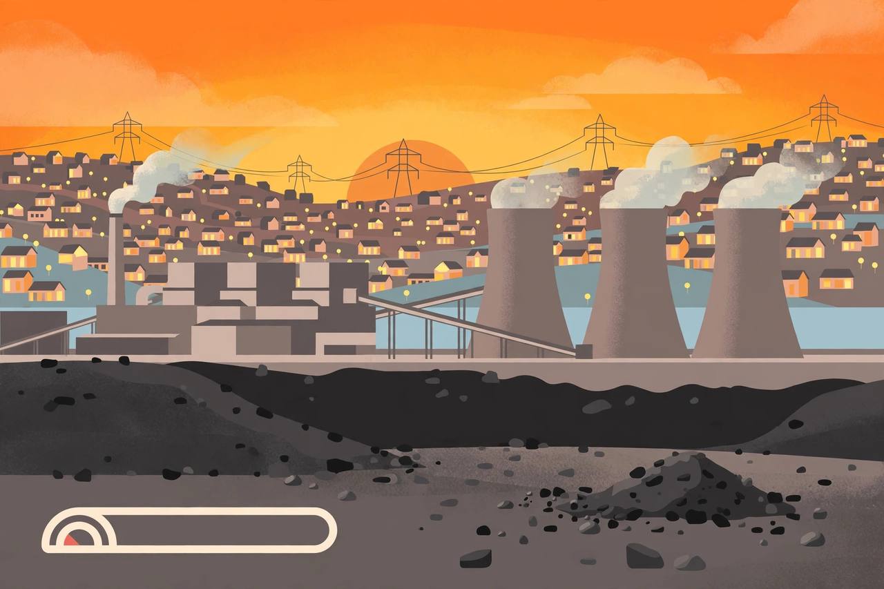 Editorial illustration of a coal-fired power plant with cooling towers, a nearly empty coal stockpile and a low fuel gauge under a hot orange sky