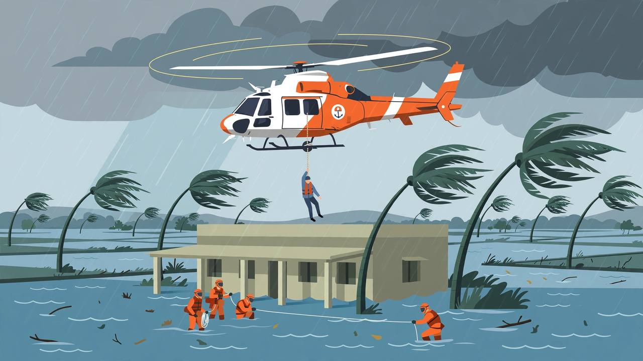 Flat editorial illustration of an orange-and-white Coast Guard rescue helicopter winching a person up from a flooded building in a cyclone, with palm trees bent by wind and rescue workers in orange in the floodwater