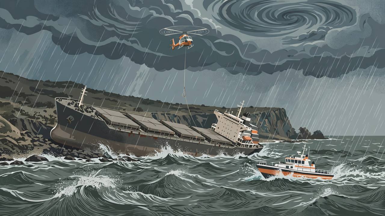 Editorial illustration of a stranded bulk carrier in rough seas with a coast guard helicopter and patrol vessel nearby under storm clouds