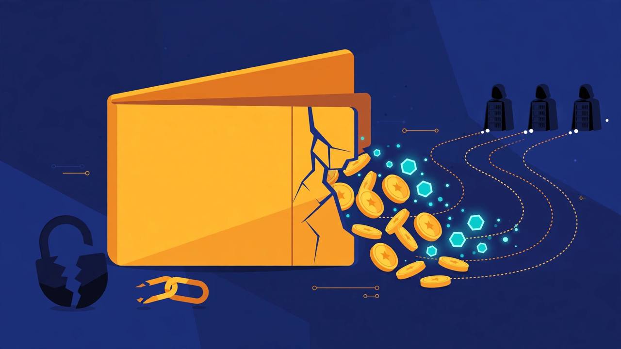 Editorial illustration of a cracked digital wallet with gold coins and tokens leaking out along dotted trails, a broken padlock beside it — no people depicted