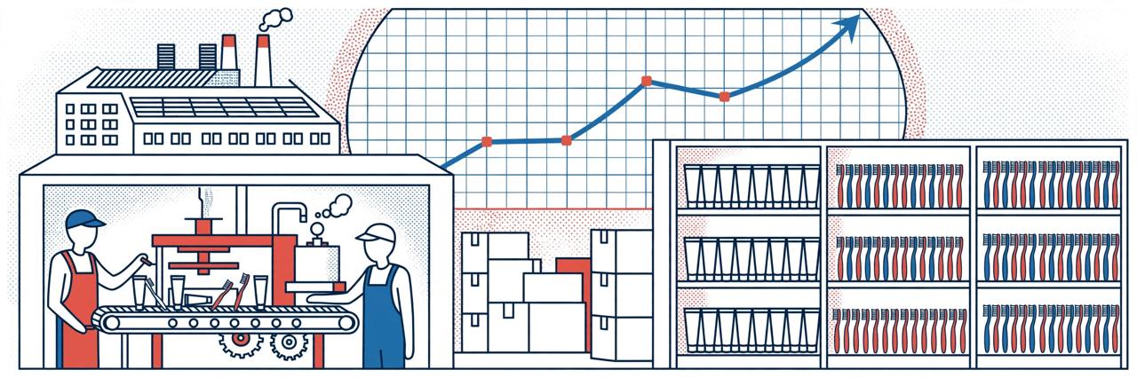 Editorial illustration of an oral care factory, shop shelves with toothpaste and toothbrushes and a rising chart