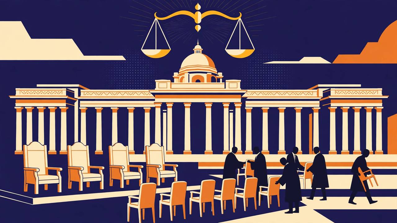 Courthouse with scales of justice and rows of empty judge chairs being arranged by robed figures (Editorial illustration)