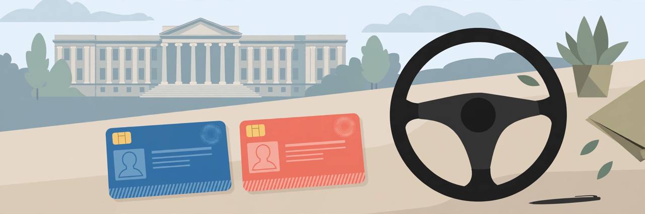 Editorial illustration of two plastic driving licence cards in different colours beside a steering wheel and a government building