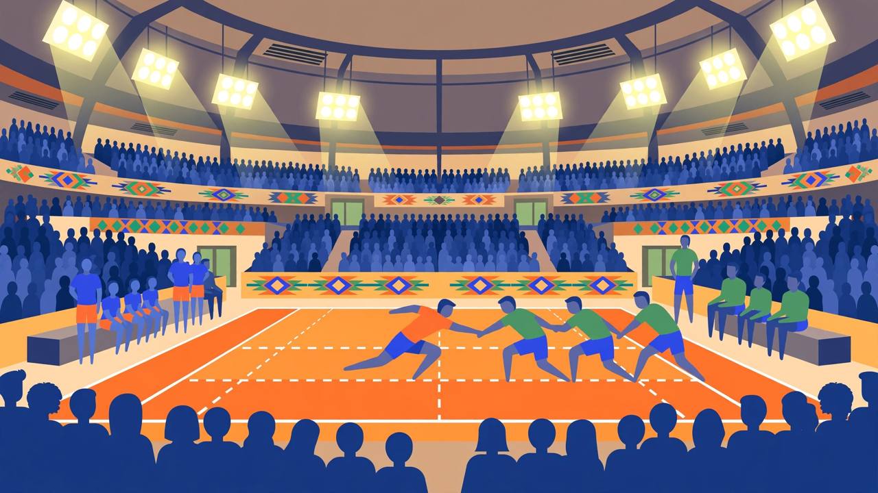 Editorial illustration of a kabaddi raider lunging against linked defenders in an indoor arena