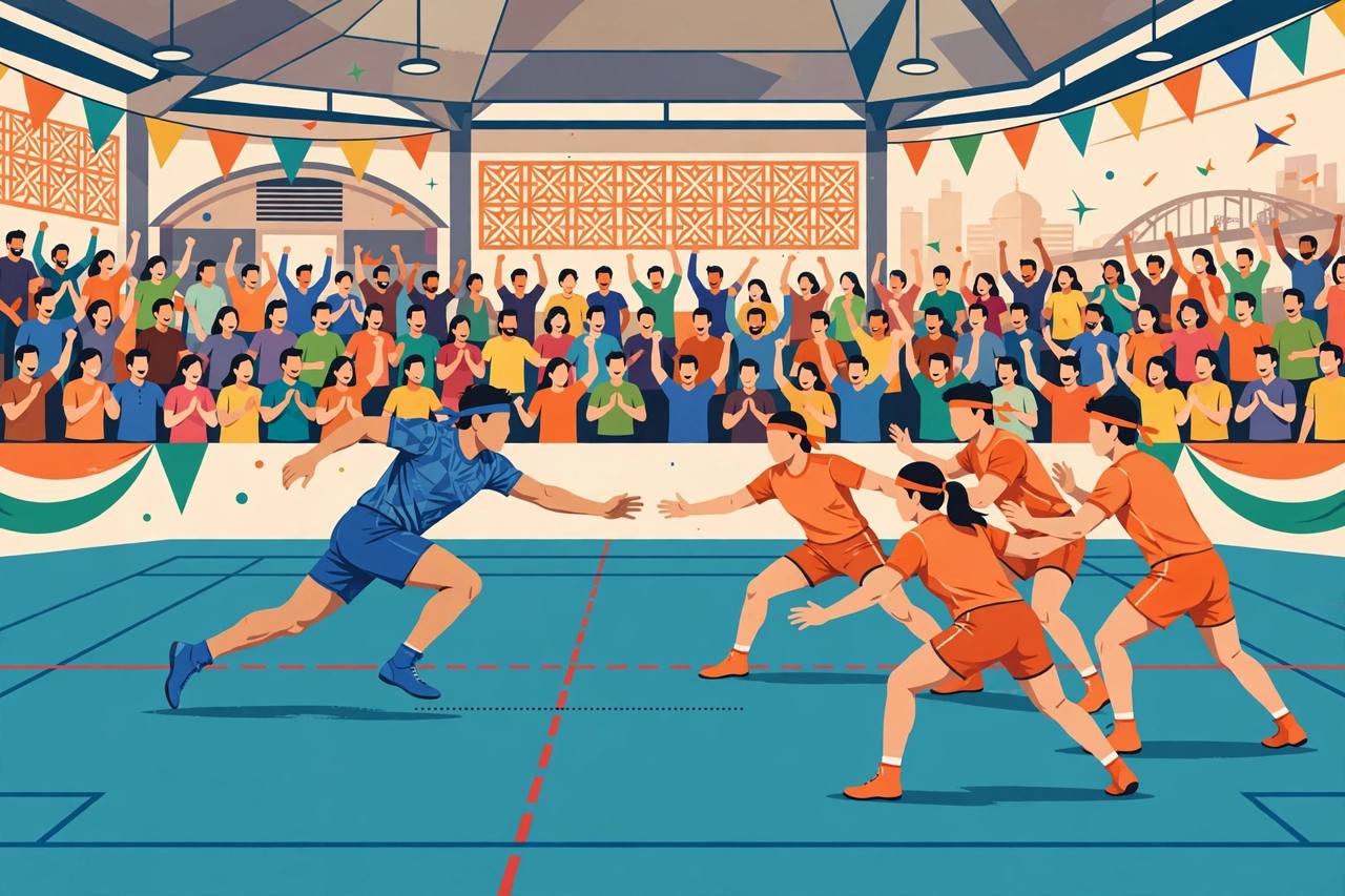 Editorial illustration of a kabaddi match in an indoor stadium with a generic raider lunging toward generic defenders and a crowd behind; no real person depicted