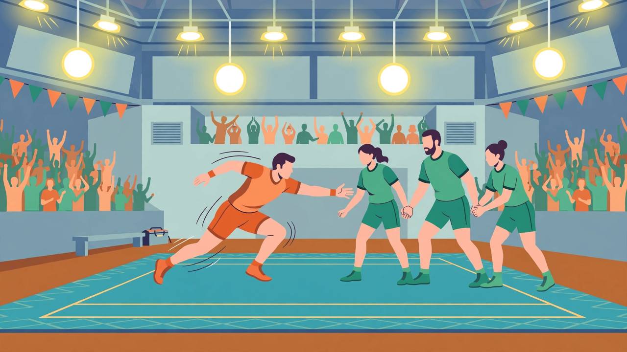Editorial illustration of a generic kabaddi raider in an orange jersey lunging toward defenders in green jerseys holding hands in a chain on an indoor kabaddi mat, with cheering crowd silhouettes