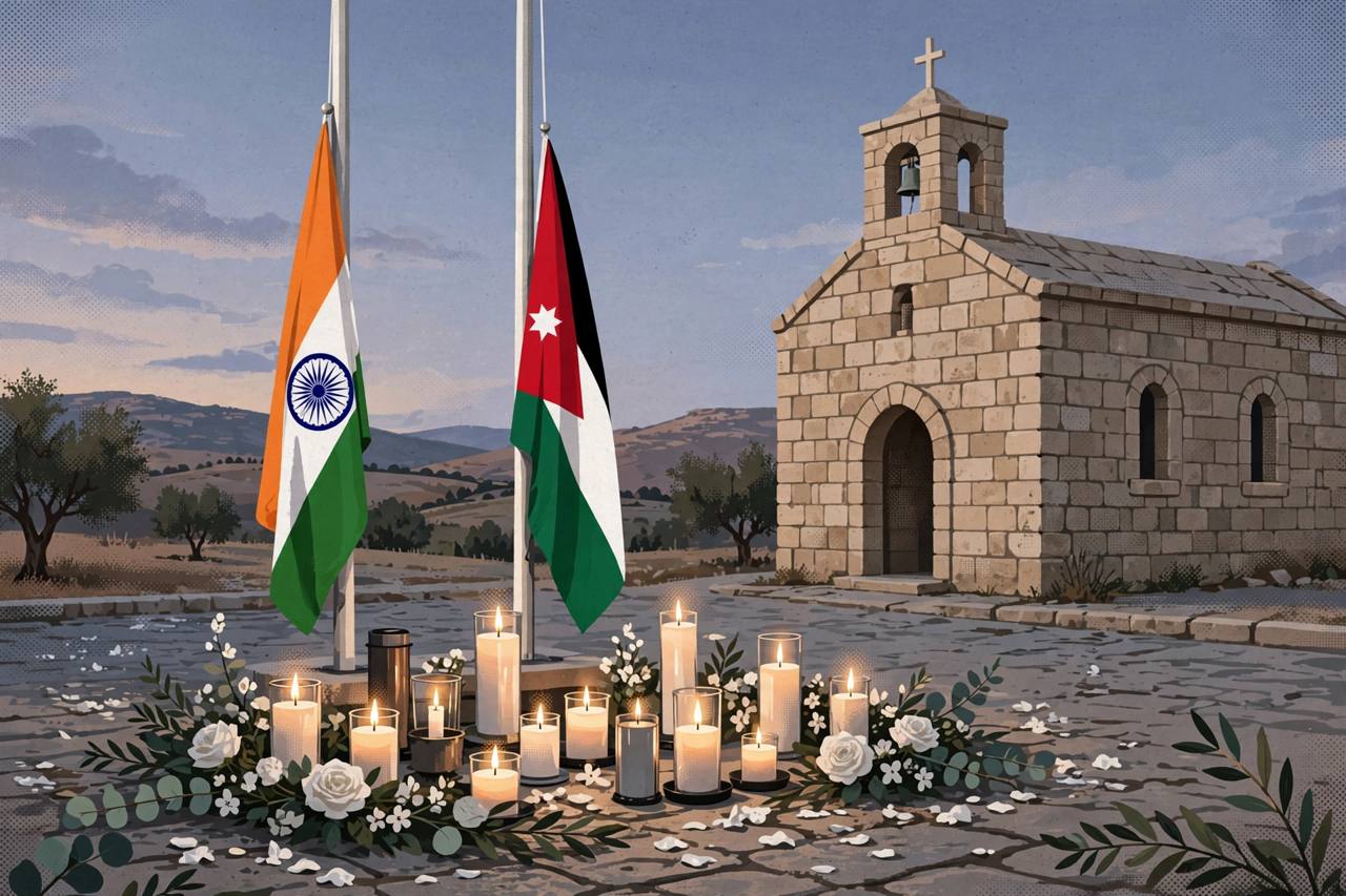 Editorial illustration of memorial candles and white flowers outside a stone church, with the flags of India and Jordan at half-mast nearby