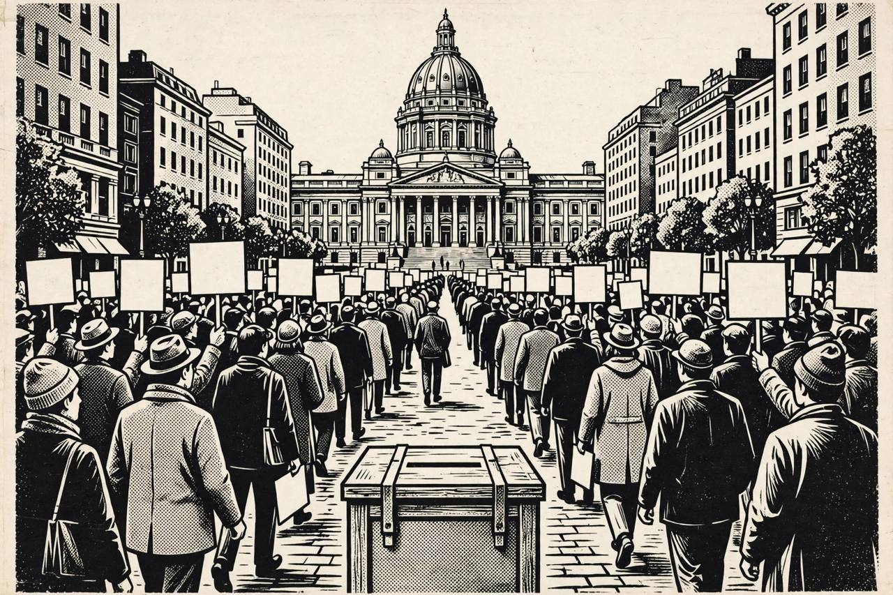 Editorial illustration of a generic crowd marching with blank placards toward a domed parliament-style building, with a ballot box; no real person is depicted