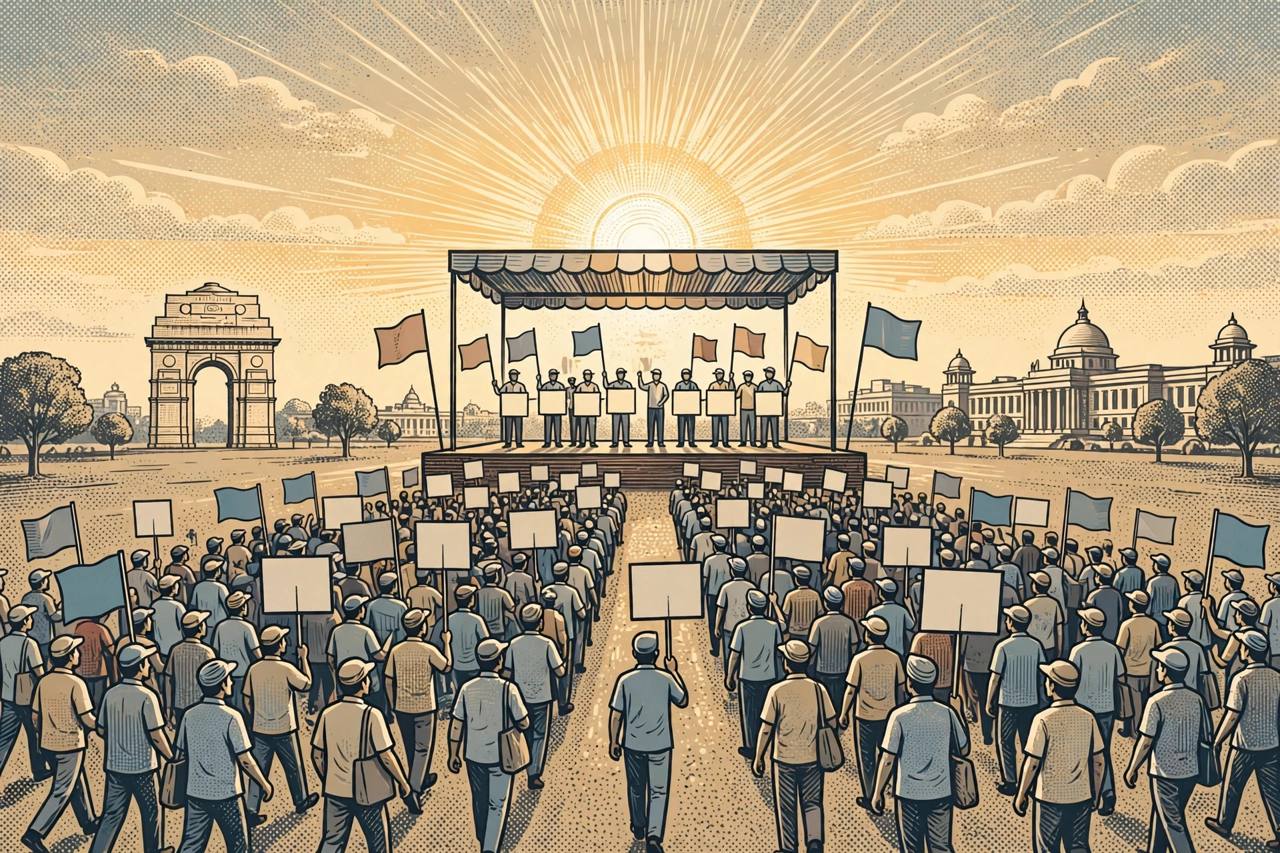 Editorial illustration of a large political rally ground in New Delhi with a marching crowd holding plain placards