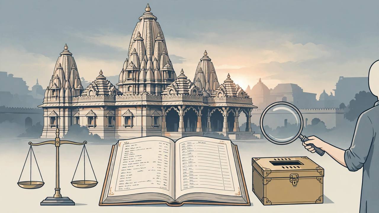 Editorial illustration of the Ram temple at Ayodhya behind an open donation ledger, a donation box under a magnifying glass and a balance scale
