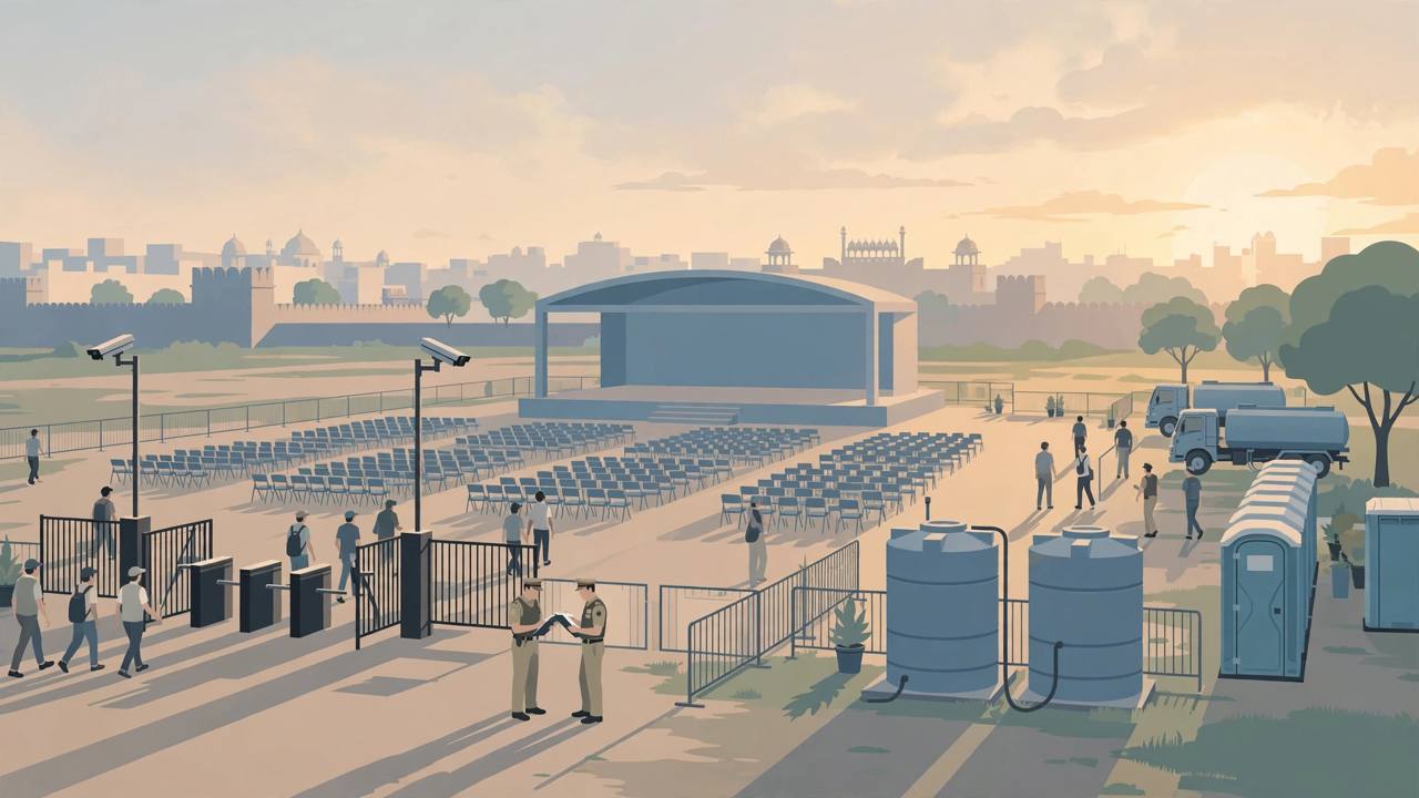 Editorial illustration of a large rally ground in New Delhi being prepared, with a stage, rows of chairs, CCTV cameras at the entry gates, police officers reviewing a checklist, water tankers and toilet blocks